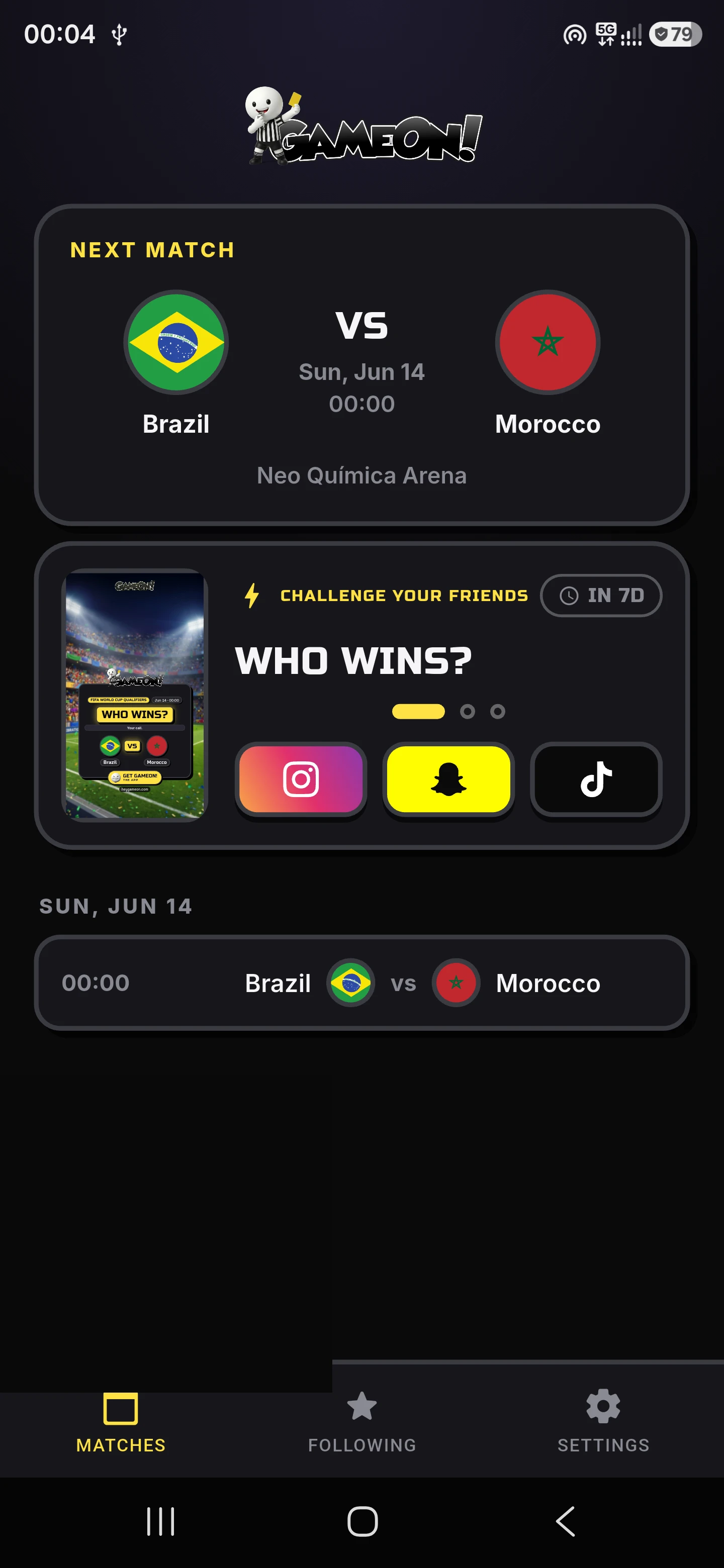GameOn match feed: next match and your day
